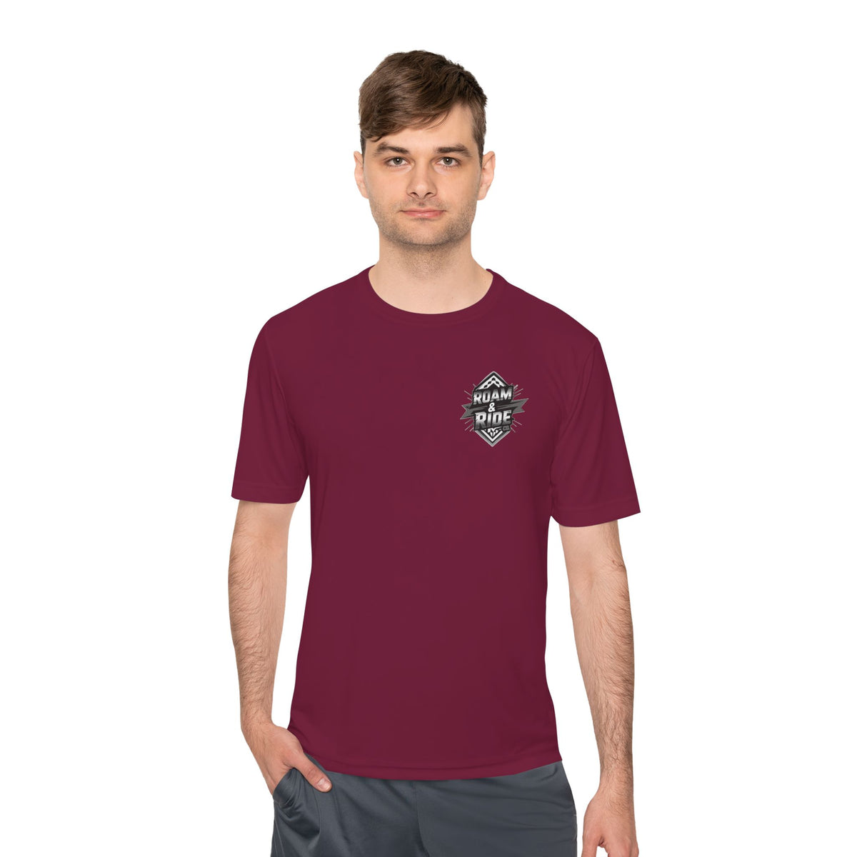 Roam & Ride Co. Grayscale Logo - Unisex Moisture Wicking T-Shirt