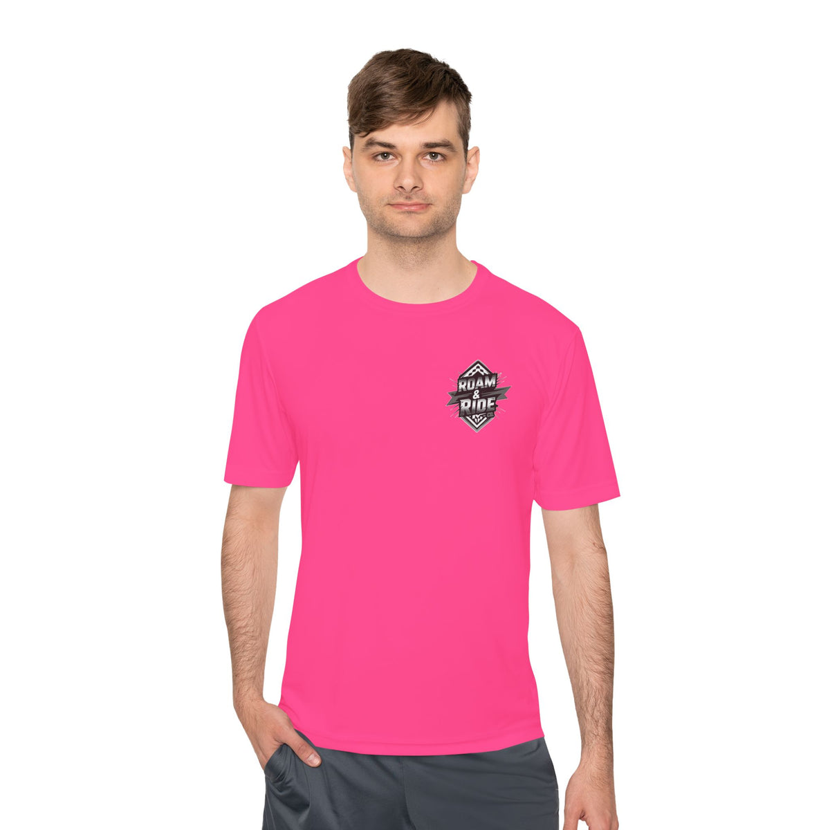 Roam & Ride Co. Grayscale Logo - Unisex Moisture Wicking T-Shirt