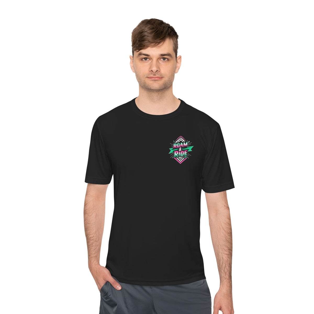 Roam & Ride Co. Teal Pink Logo - Unisex Moisture Wicking T-Shirt
