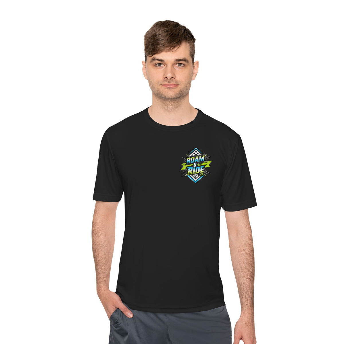 Roam & Ride Co. Blue Green Logo - Unisex Moisture Wicking T-Shirt