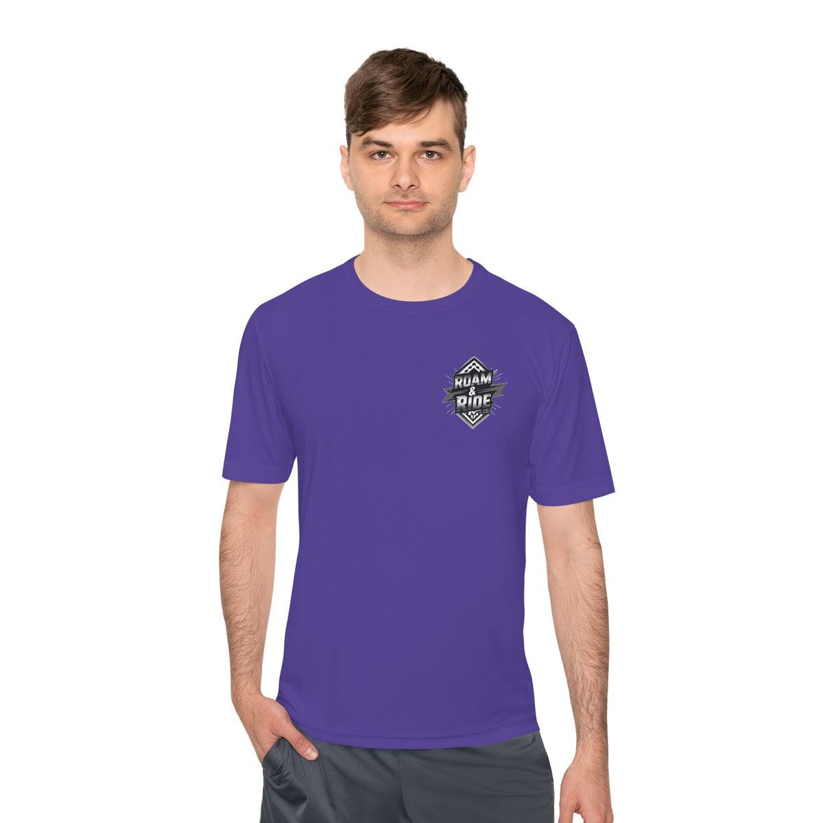 Roam & Ride Co. Grayscale Logo - Unisex Moisture Wicking T-Shirt