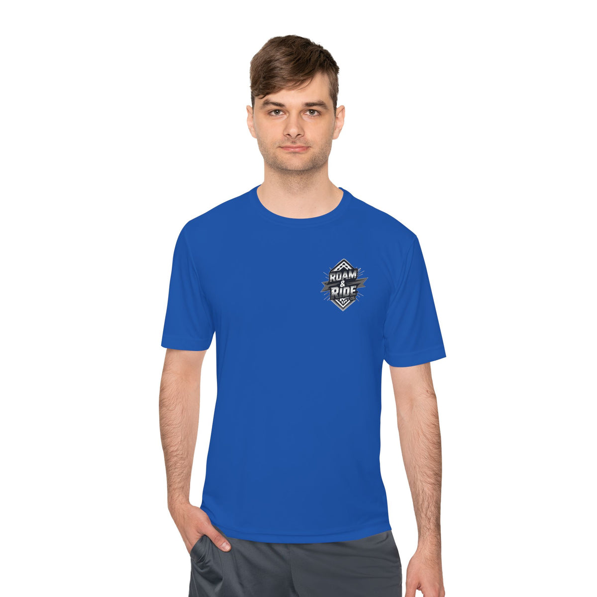 Roam & Ride Co. Grayscale Logo - Unisex Moisture Wicking T-Shirt