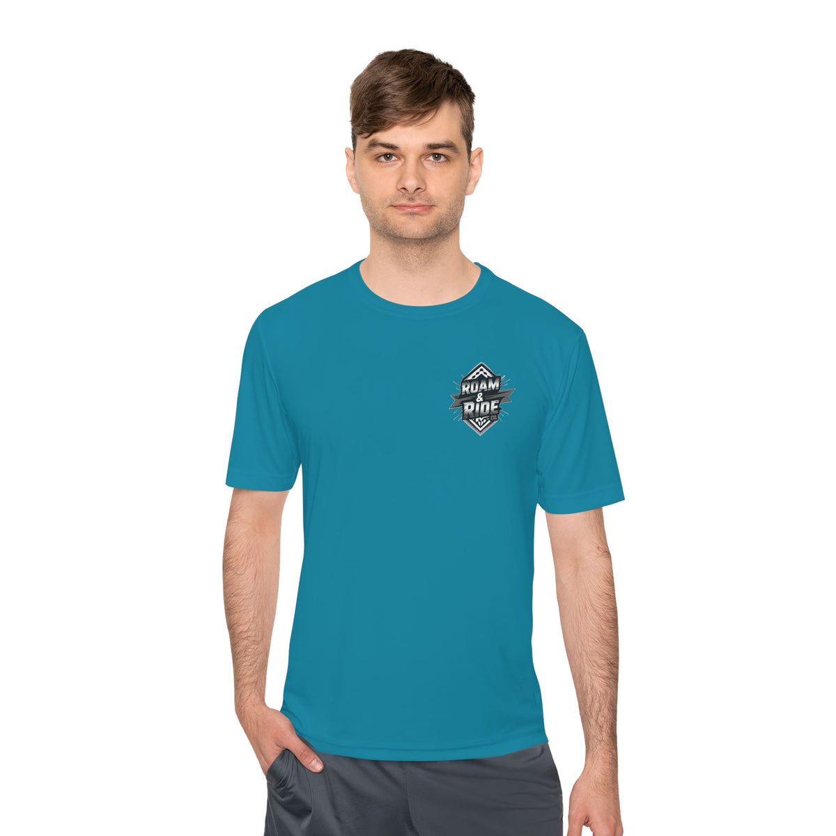 Roam & Ride Co. Grayscale Logo - Unisex Moisture Wicking T-Shirt