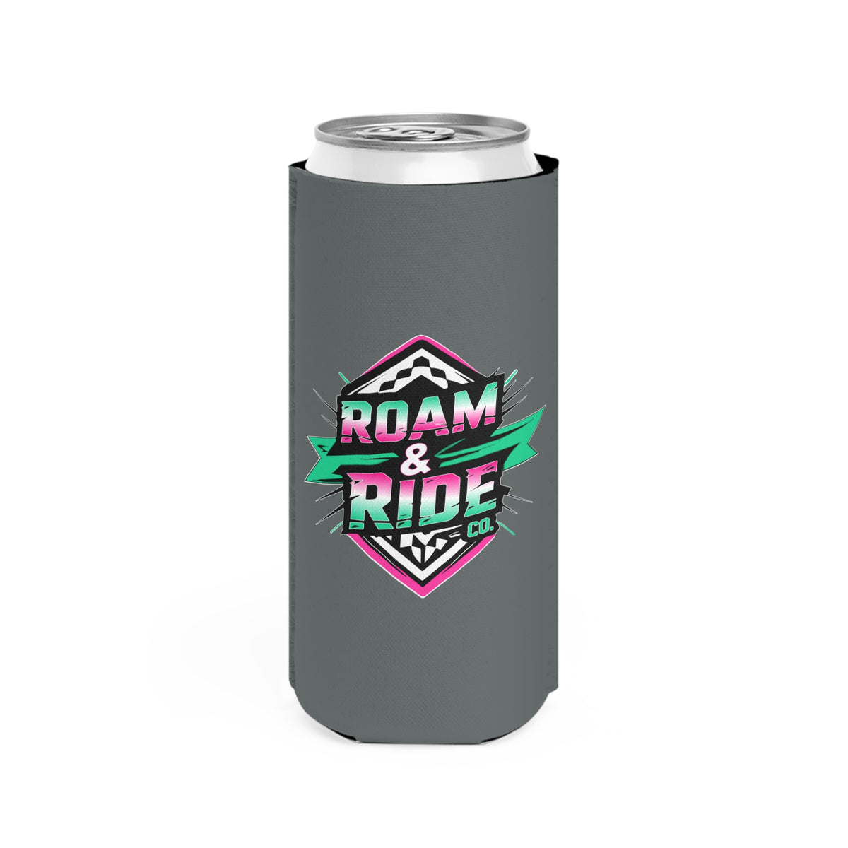 Roam & Ride Co. Teal Pink Logo - Slim Can Koozie