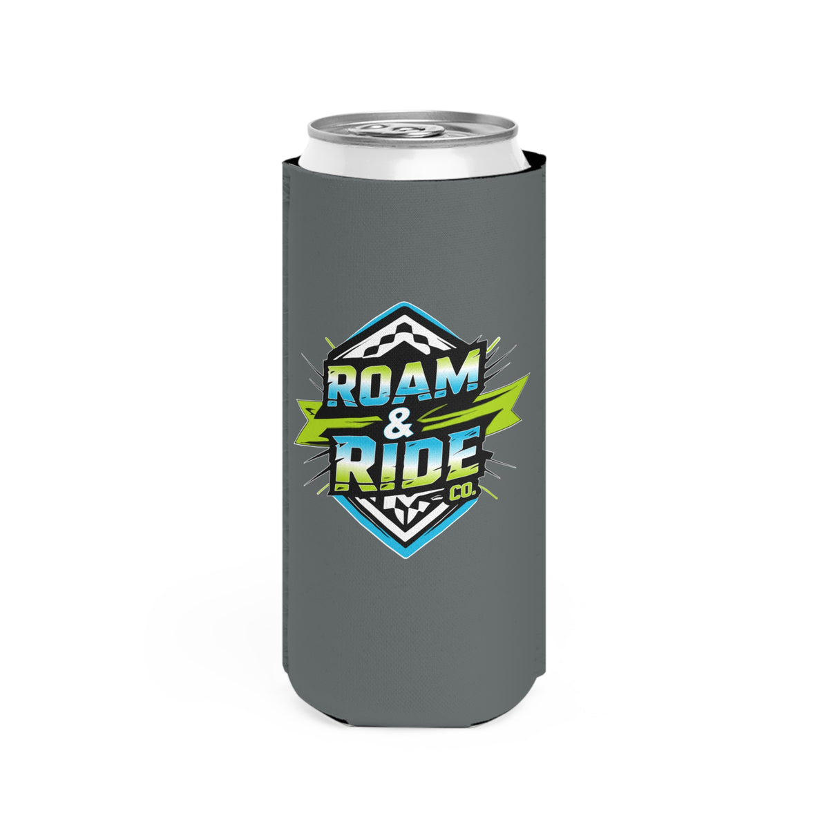 Roam & Ride Co. Blue Green Logo - Slim Can Koozie