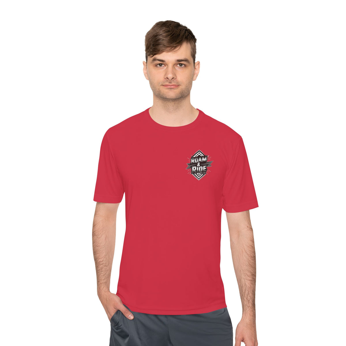 Roam & Ride Co. Grayscale Logo - Unisex Moisture Wicking T-Shirt
